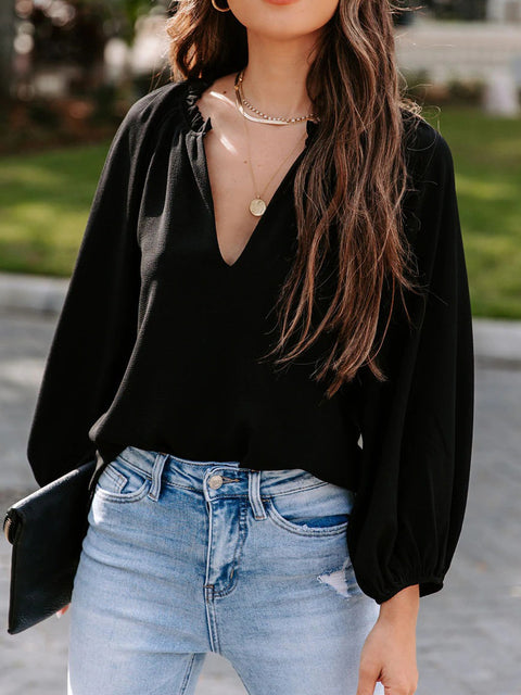 Notched Neck Long Sleeve Blouse Trendsi