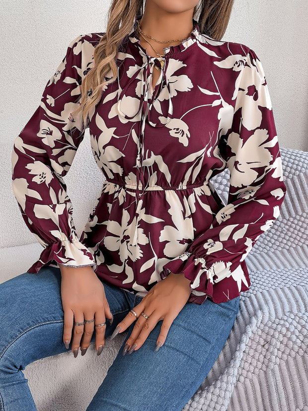 Printed Tie Neck Flounce Sleeve Blouse Trendsi