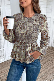 Smocked Printed Balloon Sleeve Blouse Trendsi