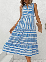 Frill Printed Notched Sleeveless Dress Trendsi