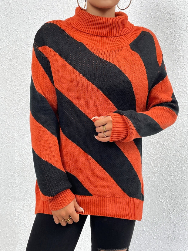 Striped Turtleneck Dropped Shoulder Sweater Trendsi