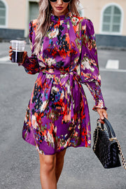 Printed Tie Waist Mock Neck Lantern Sleeve Dress Trendsi