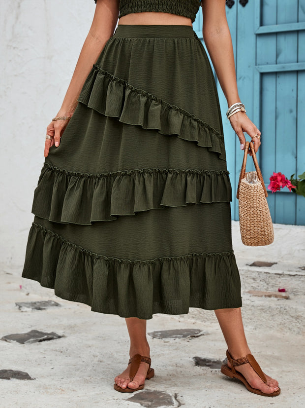 Ruffled Elastic Waist Midi Skirt Trendsi