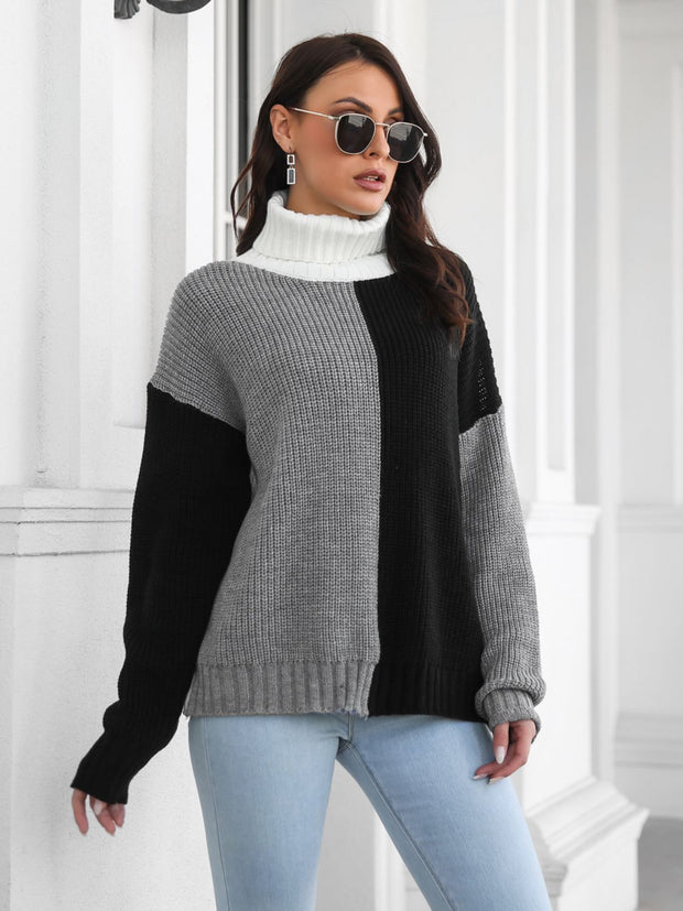 Contrast Turtleneck Long Sleeve Sweater Trendsi