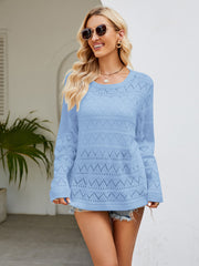 Round Neck Openwork Long Sleeve Knit Top Trendsi