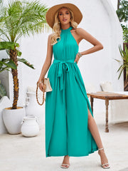 Ruched Slit Tied Sleeveless Jumpsuit