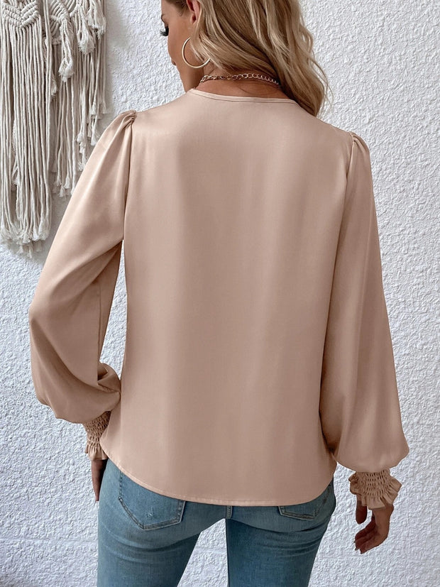 Surplice Smocked Lantern Sleeve Blouse Trendsi