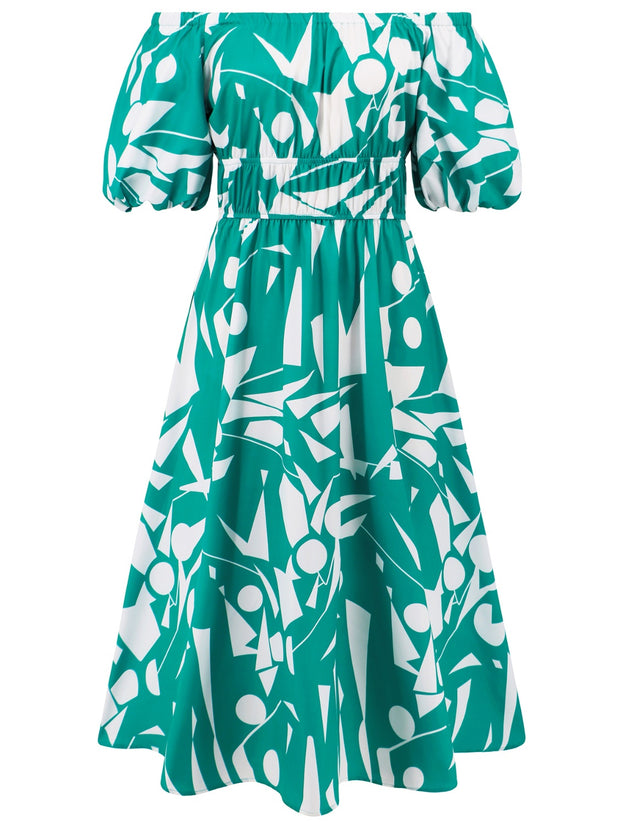 Printed Off-Shoulder Balloon Sleeve Dress Trendsi