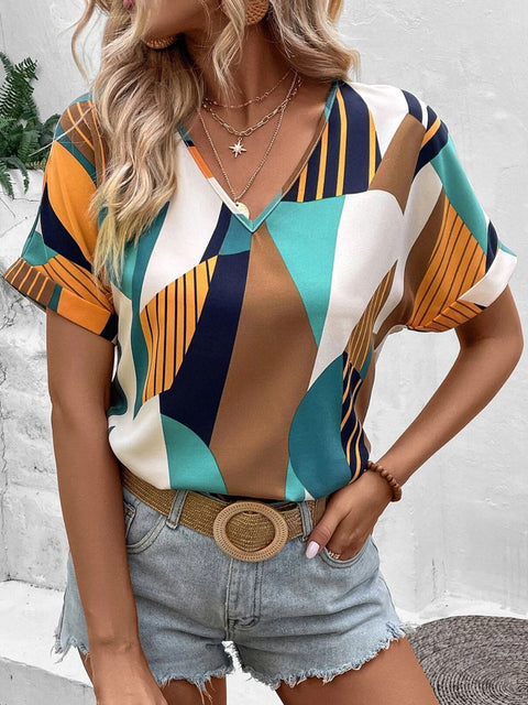 Printed V-Neck Short Sleeve Blouse Trendsi