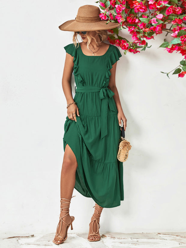 Tie Belt Ruffled Tiered Dress Trendsi