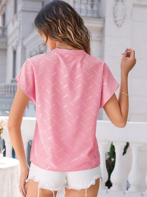 Printed Notched Short Sleeve Blouse Trendsi