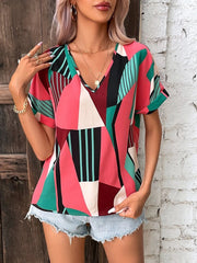 Printed V-Neck Short Sleeve Blouse Trendsi