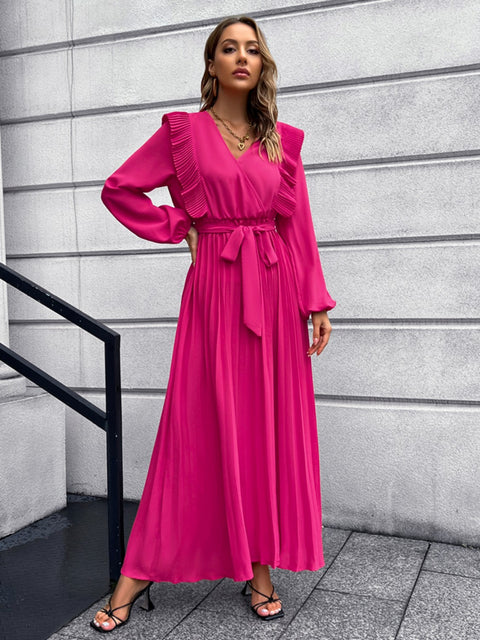 Pleated Surplice Tie Waist Maxi Dress Trendsi