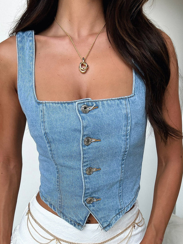 Smocked Square Neck Denim Top Trendsi