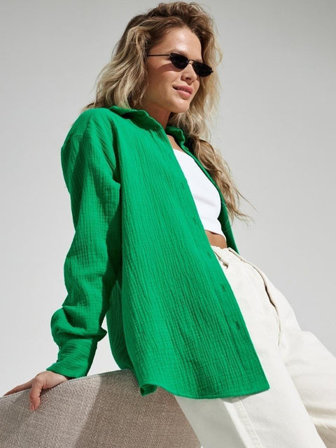 Textured Collared Neck Long Sleeve Shirt Trendsi