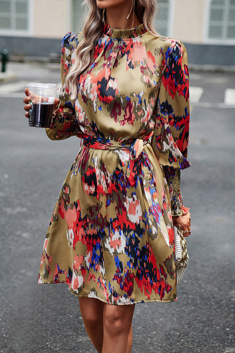 Printed Tie Waist Mock Neck Lantern Sleeve Dress Trendsi