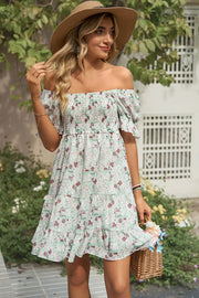 Smocked Printed Flounce Sleeve Mini Dress Trendsi