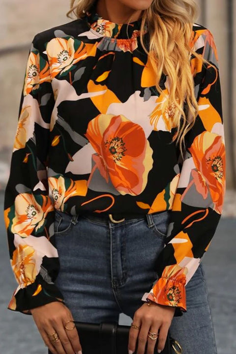 Floral Mock Neck Flounce Sleeve Blouse Trendsi