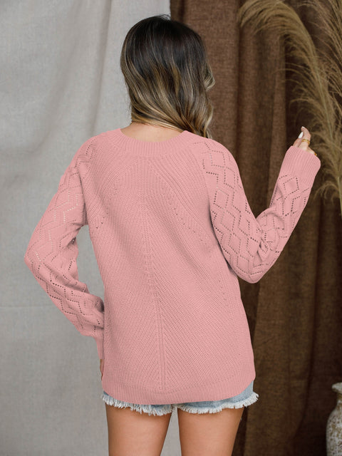 Openwork Round Neck Raglan Sleeve Sweater Trendsi