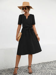 Tied Notched Short Sleeve Dress Trendsi