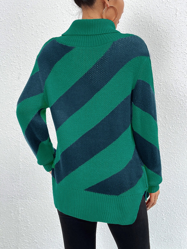 Striped Turtleneck Dropped Shoulder Sweater Trendsi