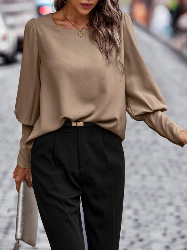 Round Neck Lantern Sleeve Blouse Trendsi