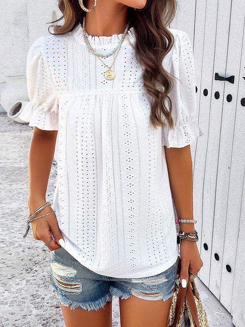 Eyelet Mock Neck Flounce Sleeve Blouse Trendsi