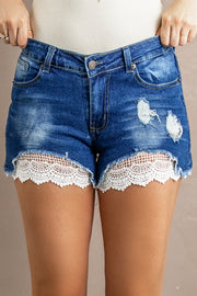 Spliced Lace Distressed Denim Shorts Trendsi