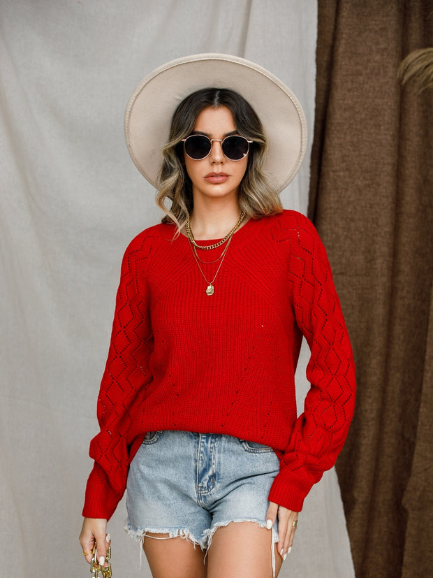 Openwork Round Neck Raglan Sleeve Sweater Trendsi