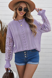 Openwork Lantern Sleeve Dropped Shoulder Sweater Trendsi