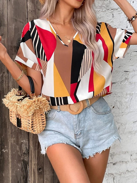 Printed V-Neck Short Sleeve Blouse