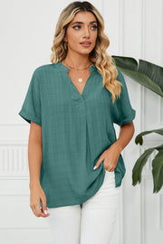 Ruched Notched Short Sleeve Blouse Trendsi