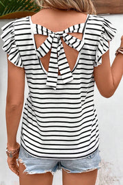 Tied Striped V-Neck Cap Sleeve T-Shirt