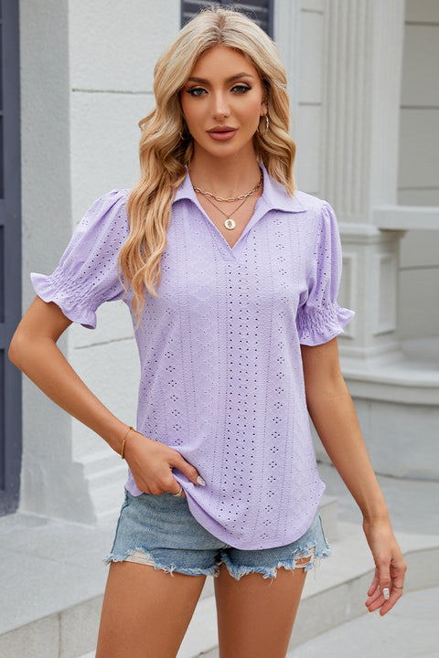 Eyelet Johnny Collar Short Sleeve Blouse Trendsi