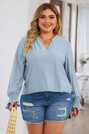 Plus Size Eyelet Notched Flounce Sleeve Blouse Trendsi