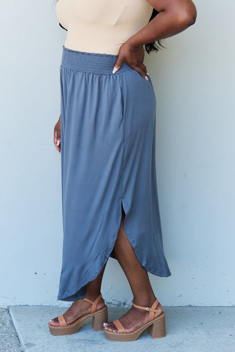 Doublju Comfort Princess Full Size High Waist Scoop Hem Maxi Skirt in Dusty Blue Trendsi