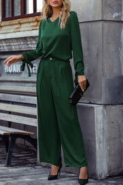 V-Neck Long Sleeve Top and Wide Leg Pants Set Trendsi