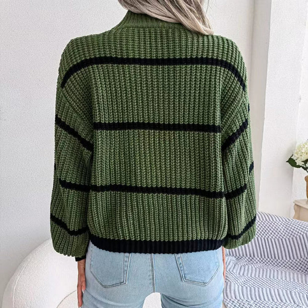 Striped Mock Neck Dropped Shoulder Sweater Trendsi