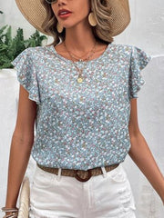 Ditsy Floral Round Neck Cap Sleeve Top Trendsi