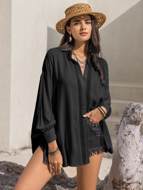 Openwork Button Up Long Sleeve Shirt Trendsi