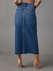 Slit Raw Hem Midi Denim Skirt Trendsi