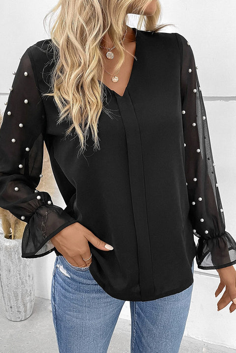 Pearl Detail V-Neck Flounce Sleeve Blouse Trendsi