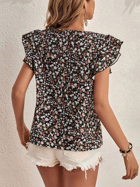 Ditsy Floral Round Neck Cap Sleeve Top Trendsi