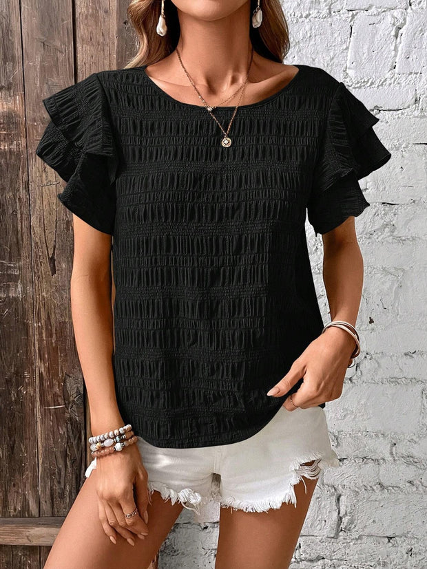 Round Neck Flounce Sleeve Blouse Trendsi