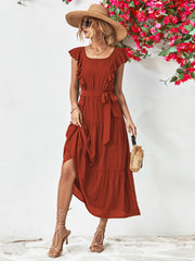 Tie Belt Ruffled Tiered Dress Trendsi