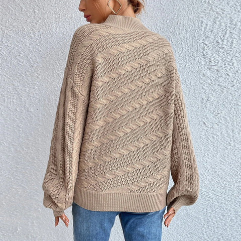 Cable-Knit Mock Neck  Long Sleeve Sweater Trendsi