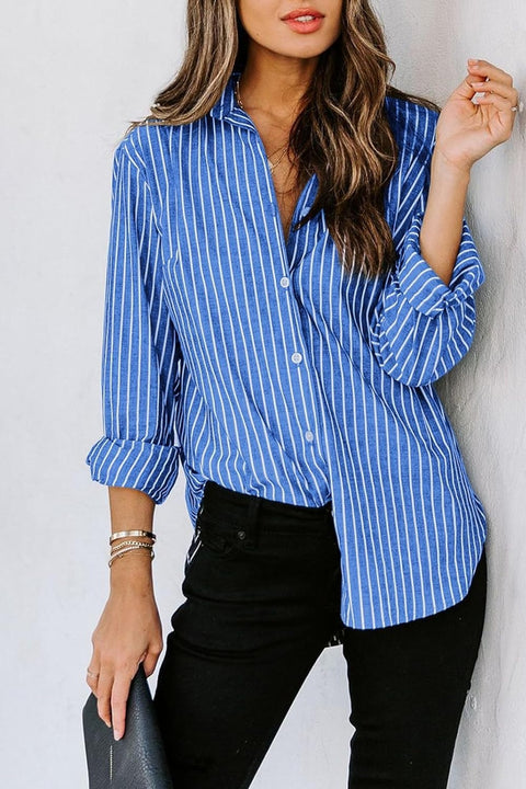 Striped Button Up Long Sleeve Shirt Trendsi