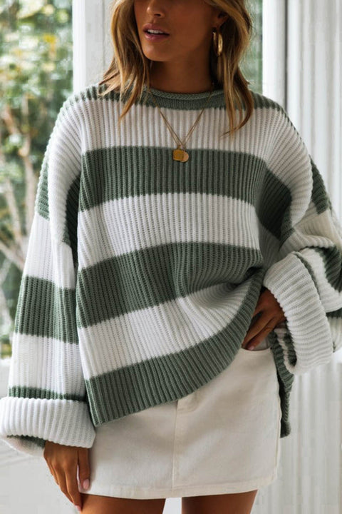 Striped Round Neck Long Sleeve Sweater Trendsi