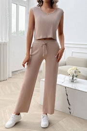 Ribbed Round Neck Top and Pants Set Trendsi