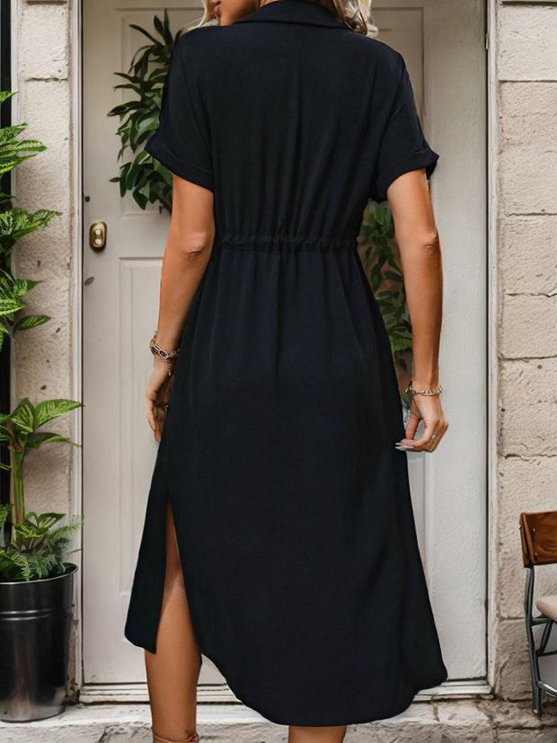 Slit Drawstring Button Up Short Sleeve Midi Dress Trendsi